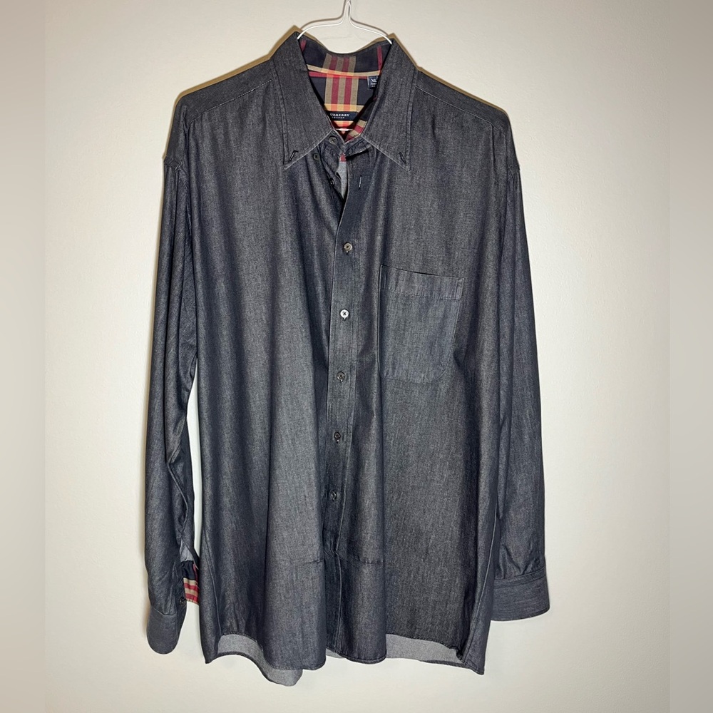 Burberry Dark Gray Dress Shirt with Checked Collar Accents
